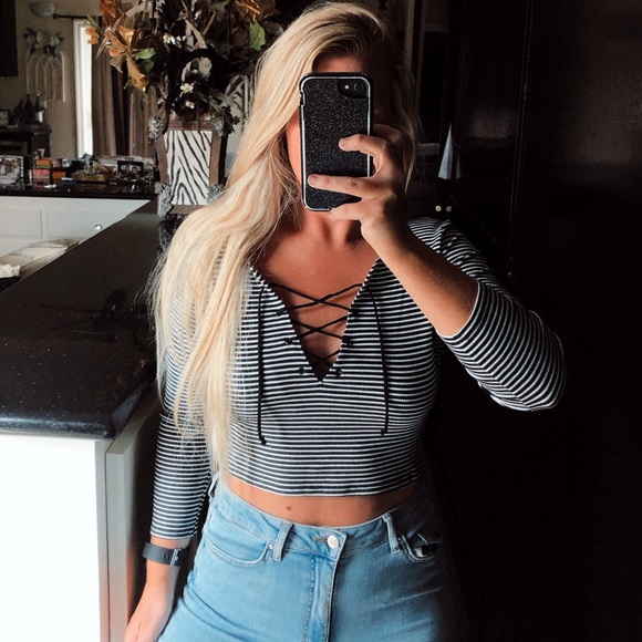 Zara Tops - Striped lace up long sleeve crop top